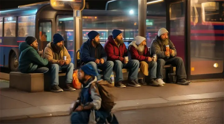 Obdachlose in Straßenklamotten trinken genüsslich Bier. Im Hintergrund ist eine Bushaltestelle bei Nacht zu sehen; High-Definition, Format 16:9