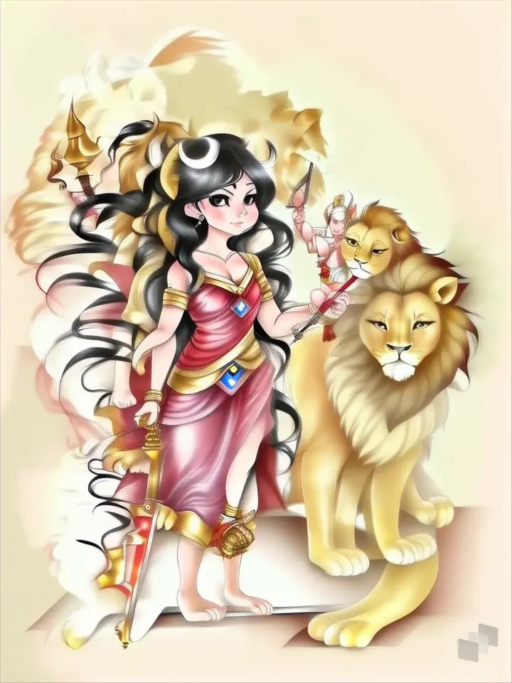 a painting of a woman holding a sword and a lion