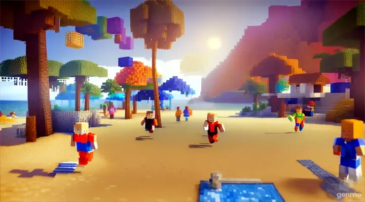 jogging, nether portals , voxel people, pixel, sunny beach, Minecraft fashion, super models surfing. 