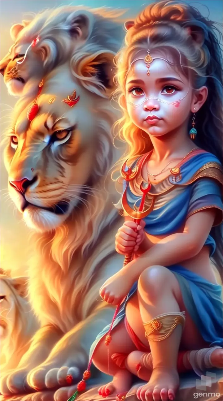 a painting of a girl sitting on top of a lion