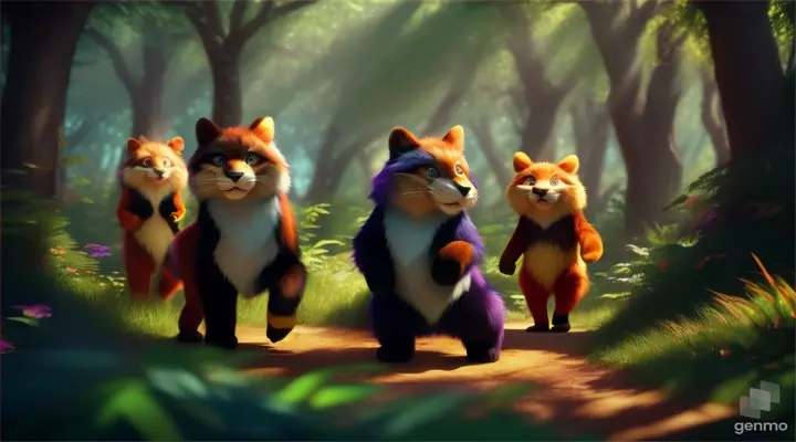 a group of animals dancing in a forest 3d animation