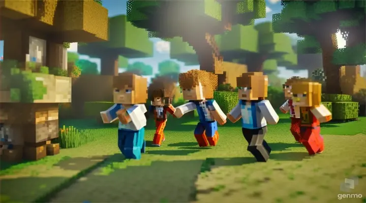 jogging, nether portals , voxel people, pixel, sunny beach, Minecraft fashion, super models. Trees weeds