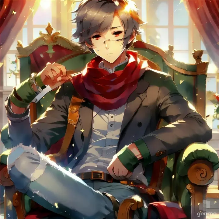 a man sitting in a chair, anime style