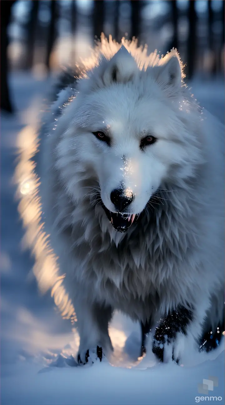 lobo hermoso caminando en el bosque ,nieve ,perfecta 8k , realisitico en la noche con luna llena 