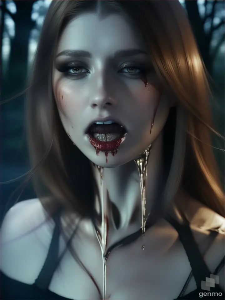 Realistic skin human details a hurt beautiful face detailed woman realistic straight brown hair, with a cut on neck blood, the night ,with fear shocked face mouth open, she laying crawling on the ground in the grass realistic forest darkening”
Seed: 17157760392048x1536