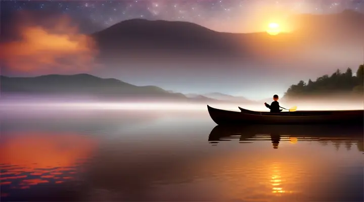 Mirrored reflection of a surreal sunset on a misty lagoon with stars overhead and fireflies floating around the person on a canoe