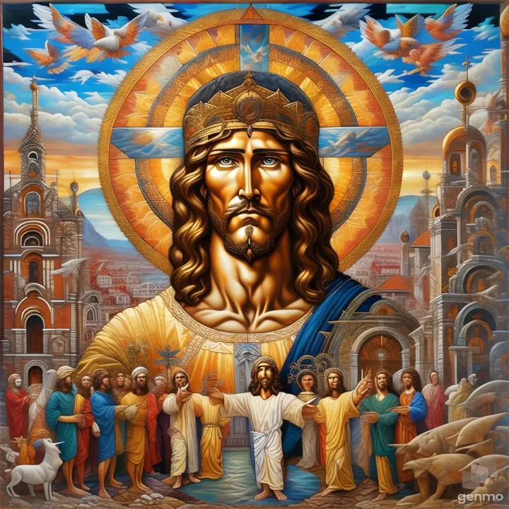 a painting of jesus surrounded by other people