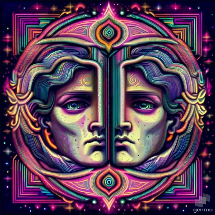 a psychedelic poster with two faces in the center