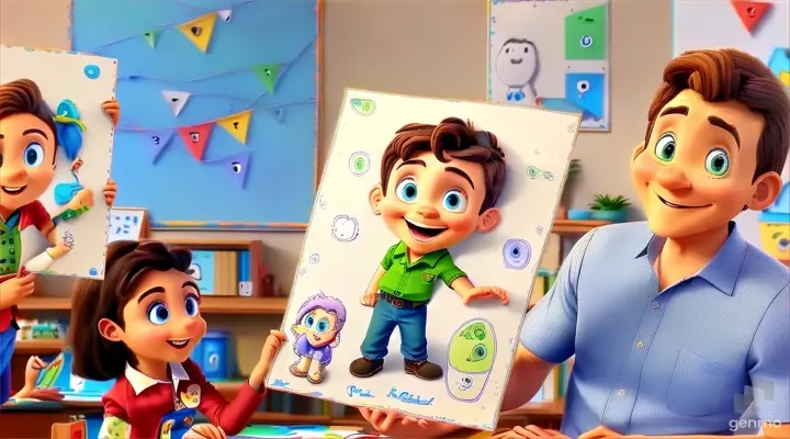 a man, woman and child holding up a picture of a cartoon character