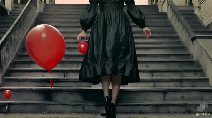 a woman in a black dress walking upstairs holding a red balloon