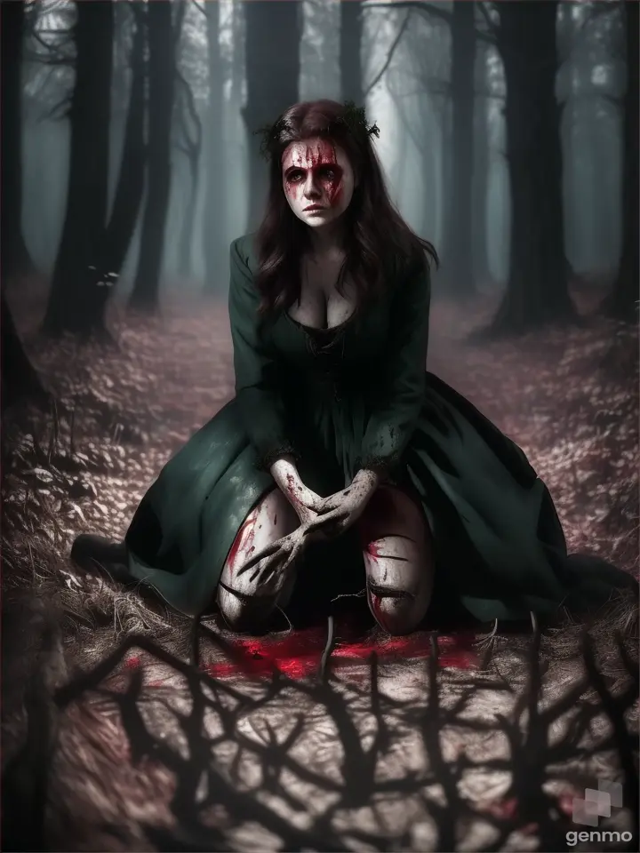 a hurt fake blood woman kneeling down in a forest in night next to a tree”