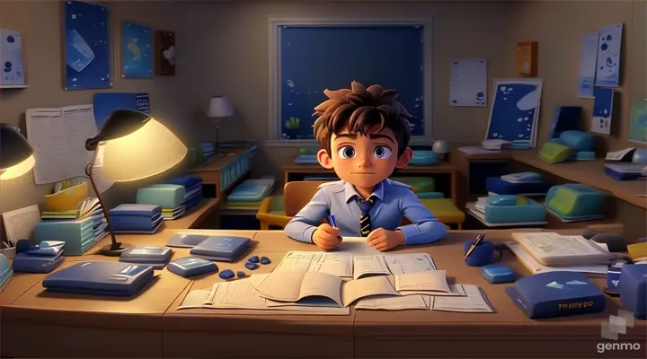 a boy sitting at a desk with a book and pen