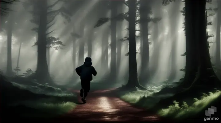 In a dark forest with dense forest all around a boy is running towards a light a little light is visible 