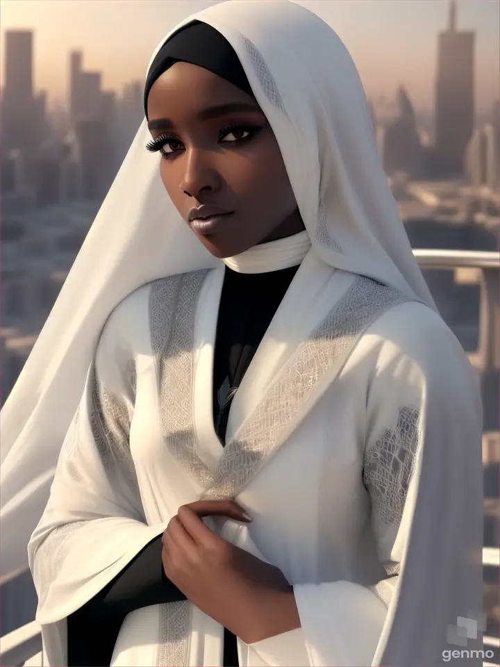 dark-skinned Black girl hijabi in an white abaya, mystical, majestic, futuristic