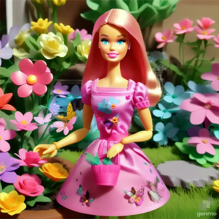 A paper-cut style garden with Barbie in the center, surrounded by intricately cut flowers and butterflies of all colors