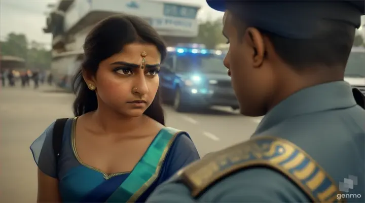 The police officer confronting the blue saree girl 