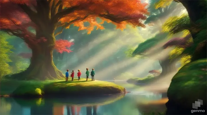 A young boy and his friends in enchanted Forest and some unknown creatures seeing them from inside the river