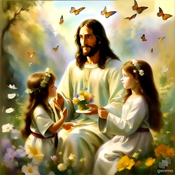 a painting of jesus surrounded by two little girls