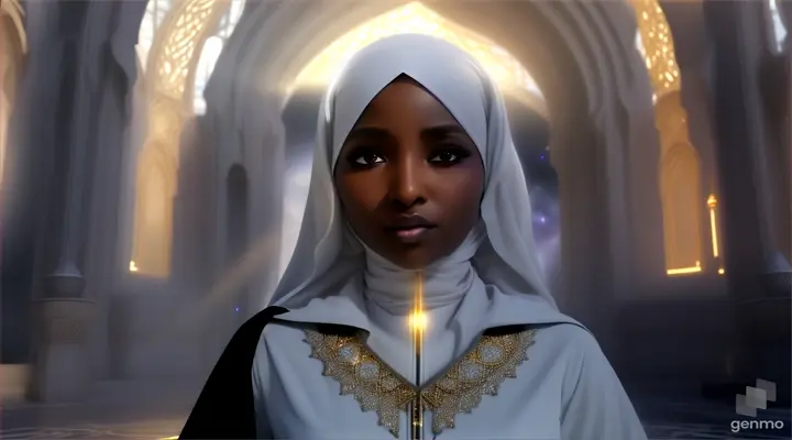 dark-skinned Black girl hijabi in an white abaya, mystical, majestic, futuristic, using mystic powers , wide video size