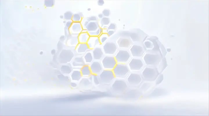 a bunch of white and yellow hexagonal on a white background a group of cell medical science background floating on top of a white surface