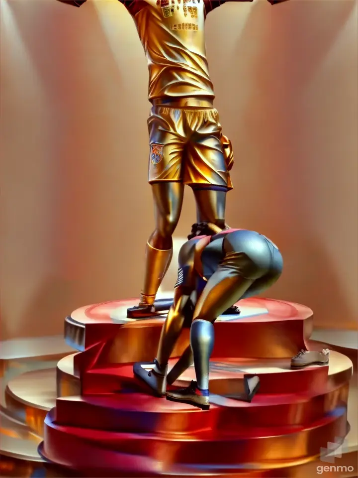 Statue of a footballer del fútbol club Barcelona tying the boots of another footballer del Real Madrid with his arms open on top of a podium Two feet two hands without distortion Respect contour 