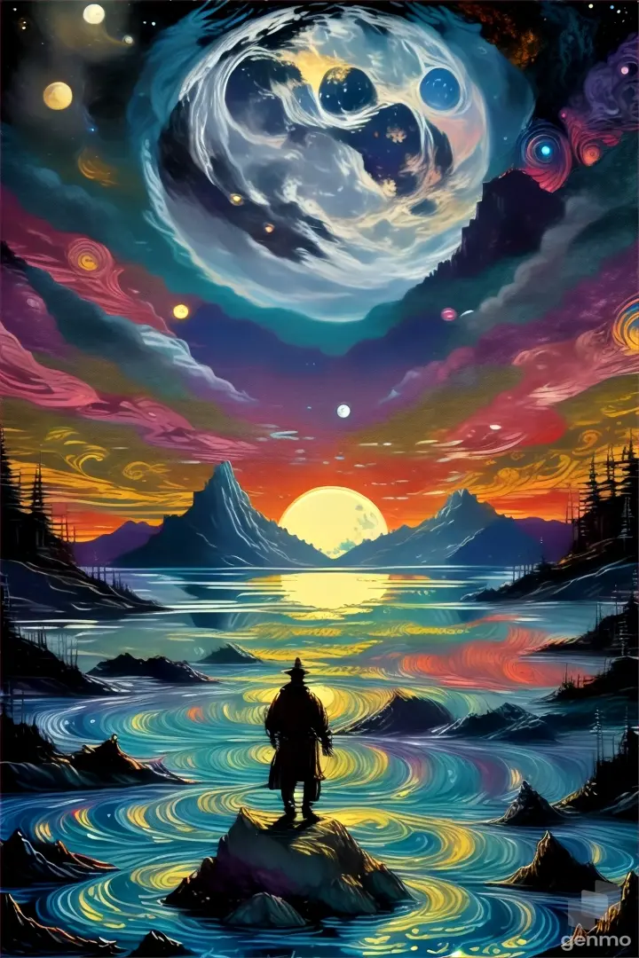 a painting of a man standing on a rock looking at the moon