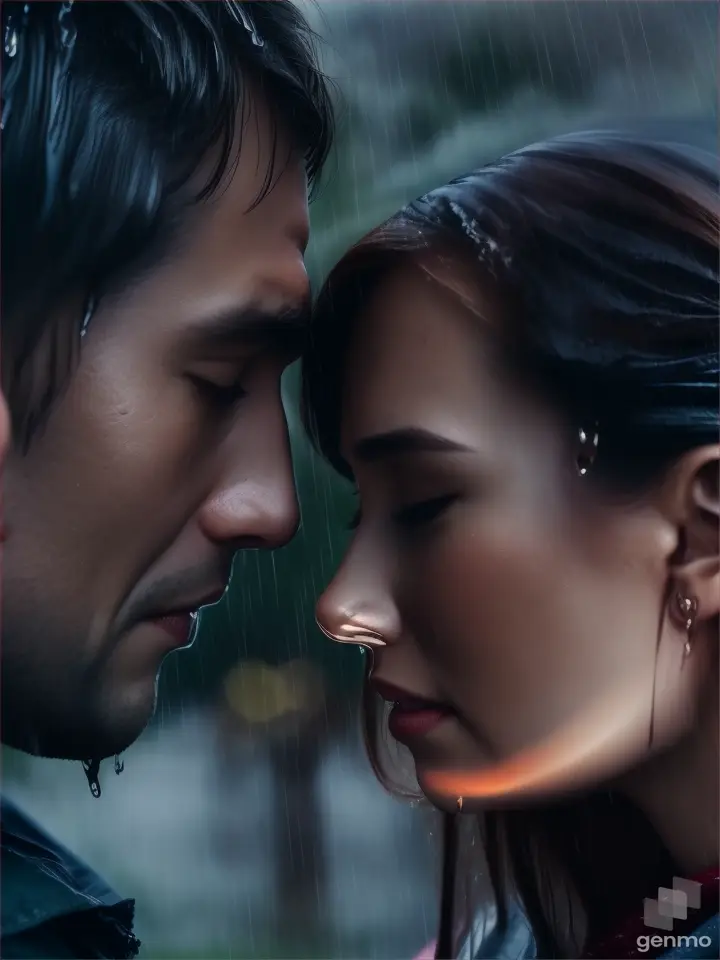 beauty Realistic Couple crying in the night , tears in the face, and storm in the background a close-up portrait shot of a couple at dark night, crying with tears on their face, intense emotion revealed, high realism, stormy background, stormy sky, rain drops, highly detailed, filmic look, emotional storytelling”