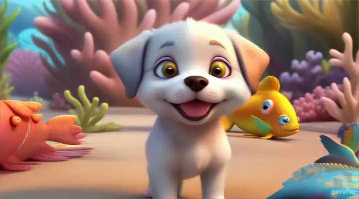 A 3D cartoon baby dog and and fish