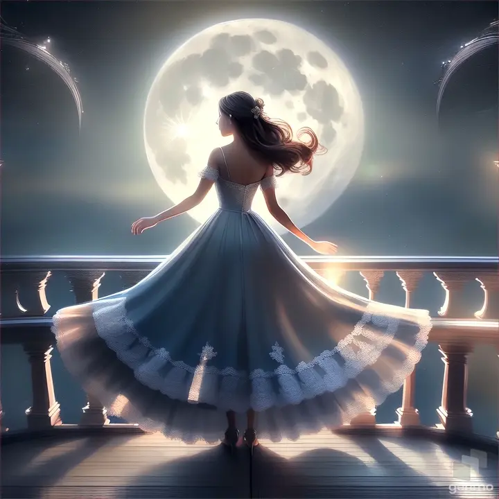 a woman in a dress standing on a balcony with a full moon in the background