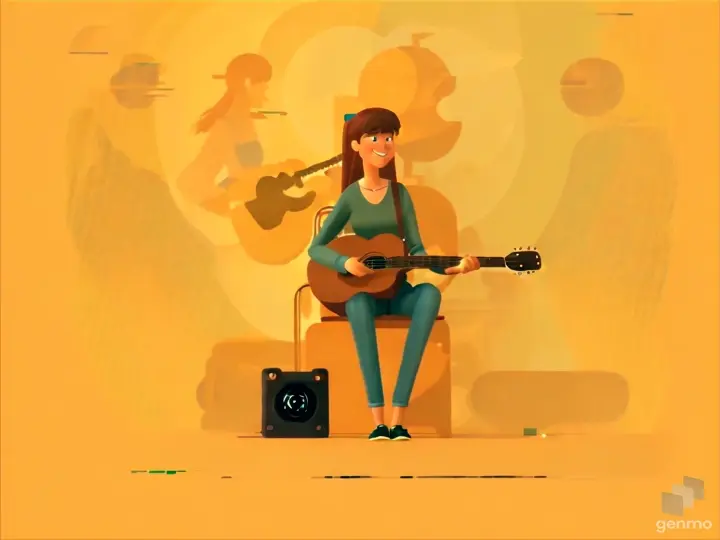 a woman sitting on a chair playing a guitar Maintain proportion and properties in 3d volume Pixar style 