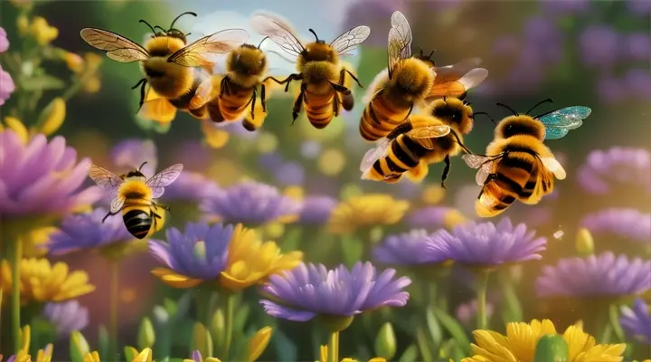 3d cartoon animation of a group of honey bee flying through colorful flowers in a garden