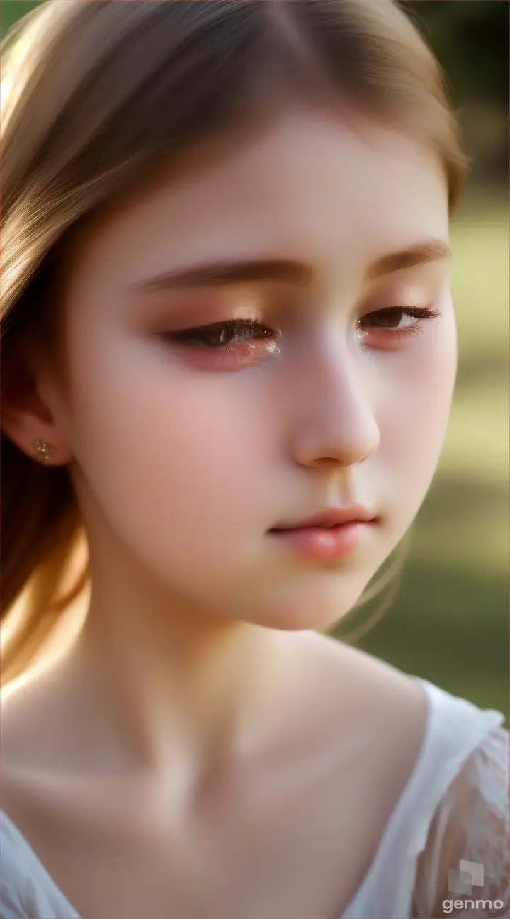 A heroine beautiful young daughter in white dress crying close look