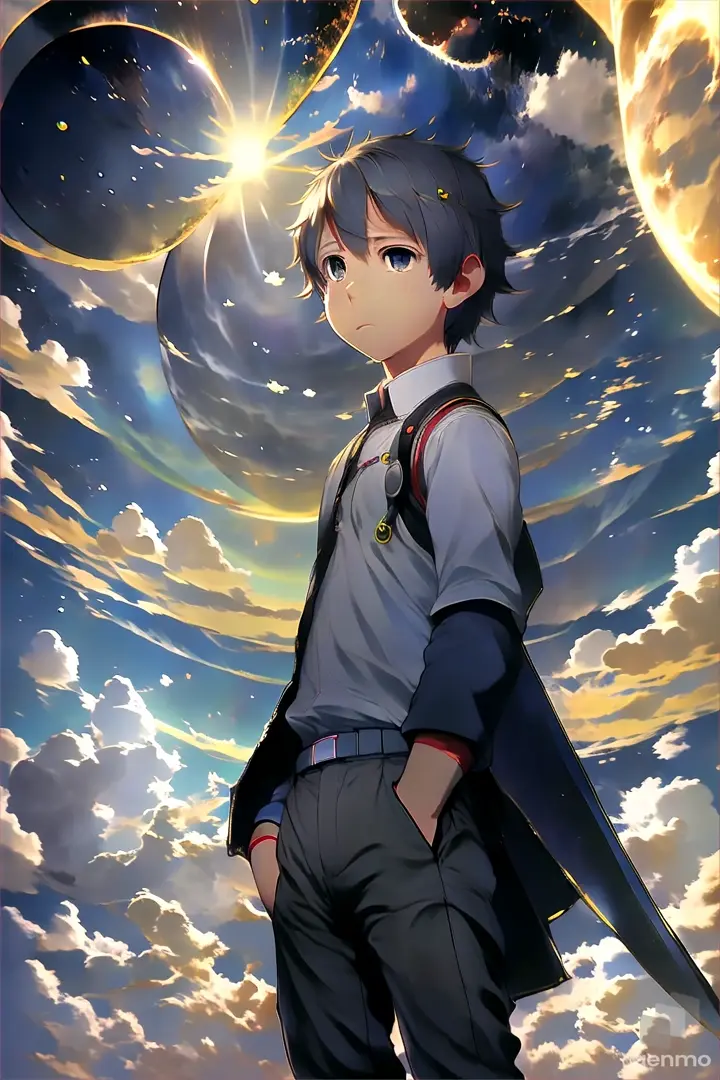 an anime character standing in front of a eclipse