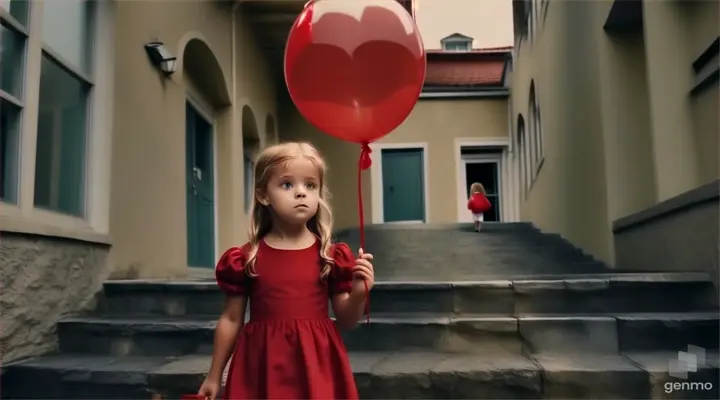 a little girl in a red dress walking downstairs holding a red balloon