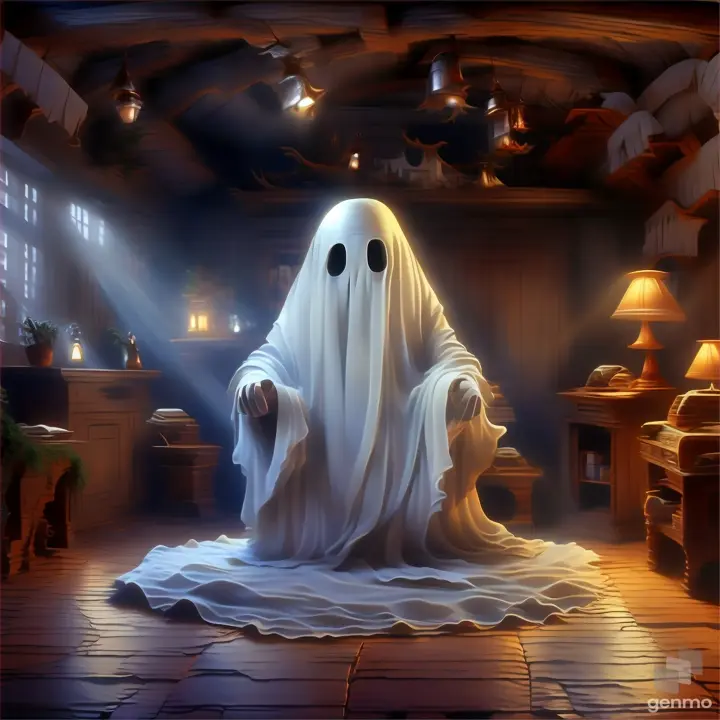 a ghost sitting on a floor in a room make complete scene moving 