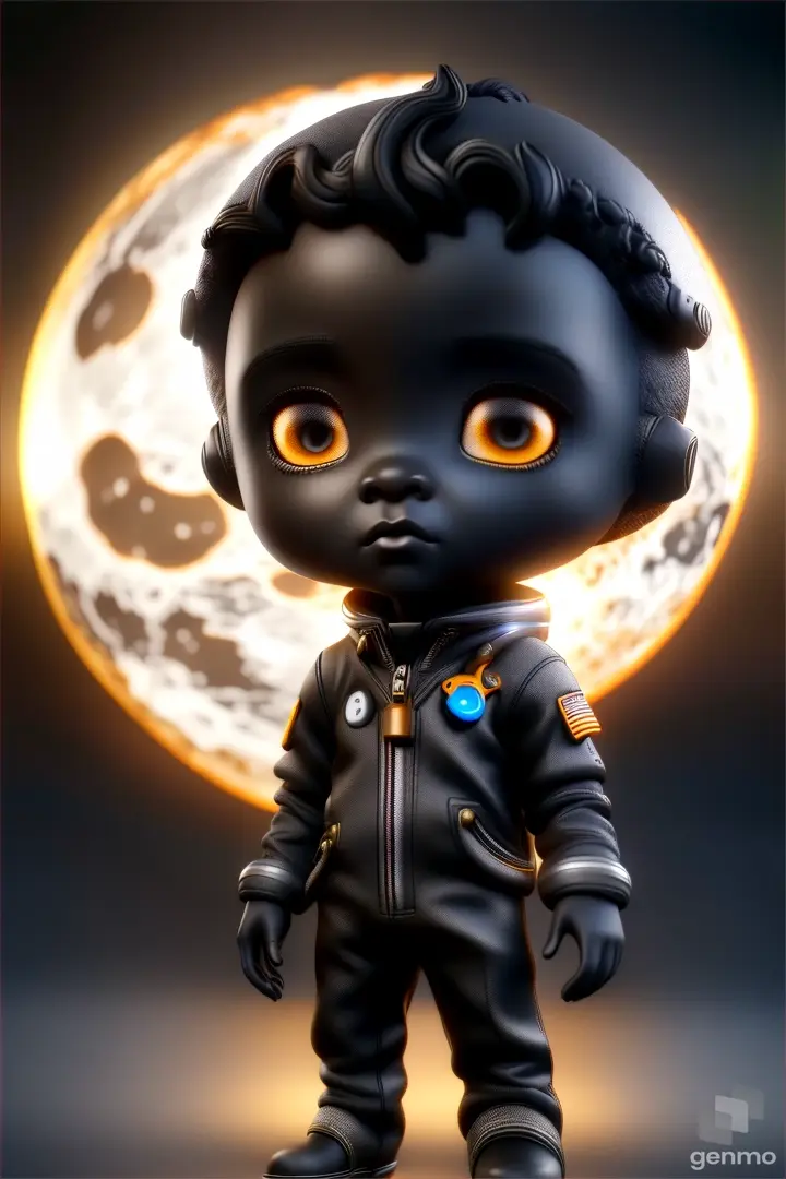 a little black boy in a space suit standing in front of a full moon