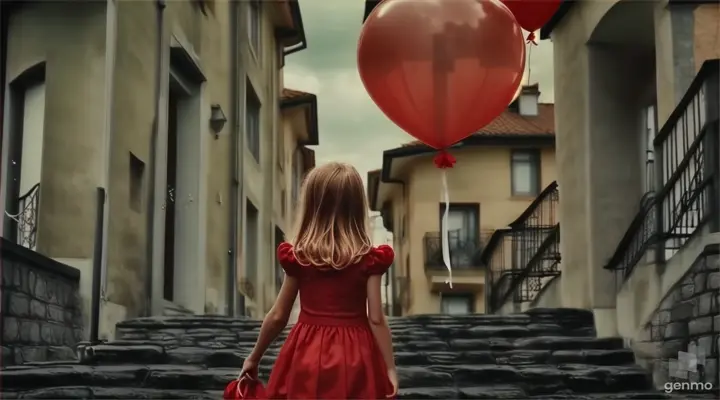 a girl in a red dress walking upstairs holding a red balloon