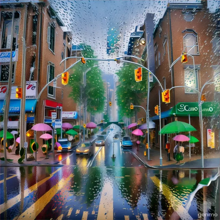 Water flows down the glass in drops, cars blink their turn signals, traffic lights switch, people under umbrellas,