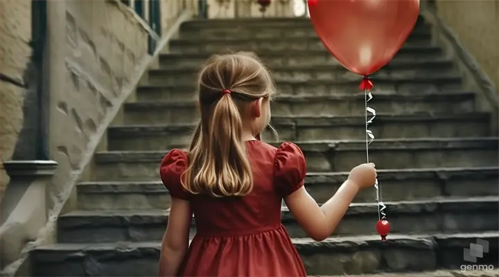 a little girl in a red dress walking upstairs holding a red balloon