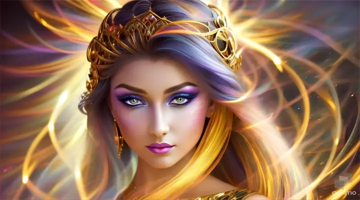 fantastically beautiful magical goddess of color exquisite details, warm background, swirl of sparks, fantasy art, ultra-detailed, hyperrealism, bokeh and shimmering dust, chrysoberyl, flawless lines, high fidelity, cinematic, comic book, magnetic gradient
