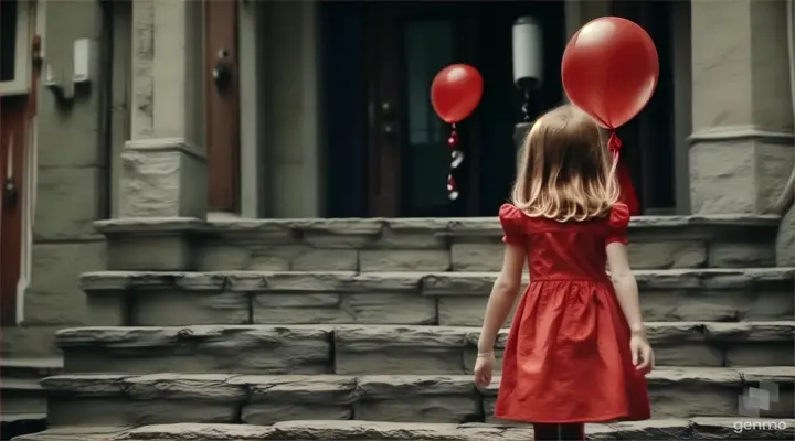 a little girl in a red dress walking upstairs holding a red balloon