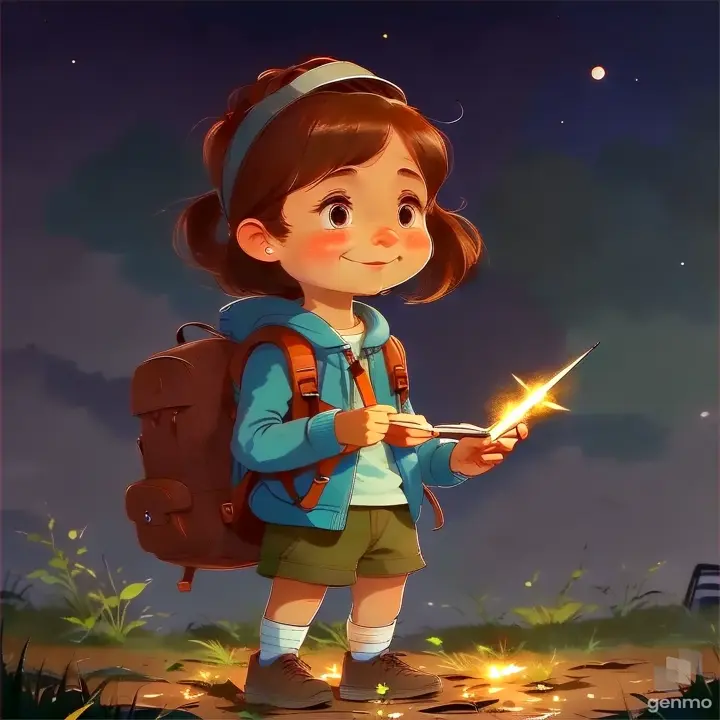 a little girl with a backpack and a flashlight