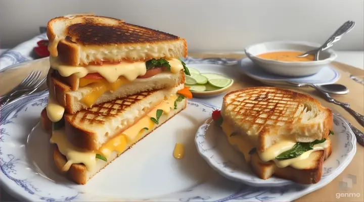 Create a stunning 8K ultra-realistic food photograph featuring a grilled cheese sandwich, beautifully decorated with intricate details. The composition should reflect Michelin-star presentation, with a focus on exquisite plating and attention to detail reminiscent of Todd Porter´s and Diane Cu´s signature style. Capture the essence of culinary artistry.