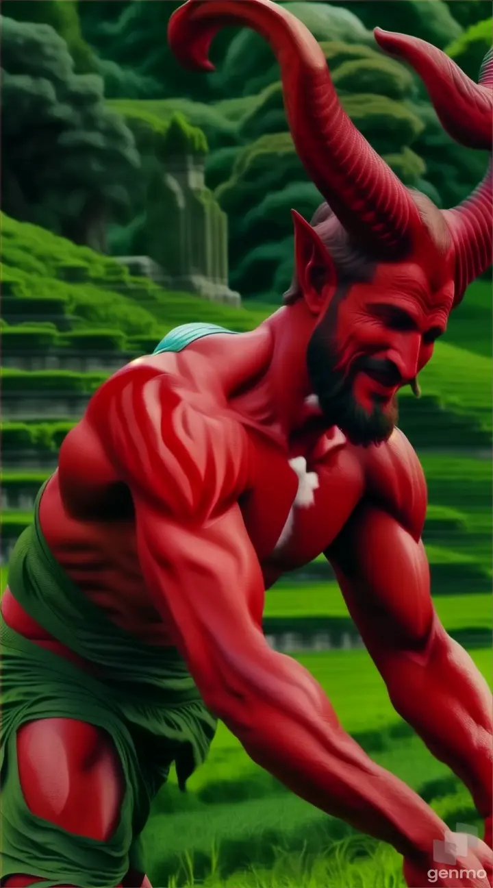 a painting of a man with horns kneeling in the grass