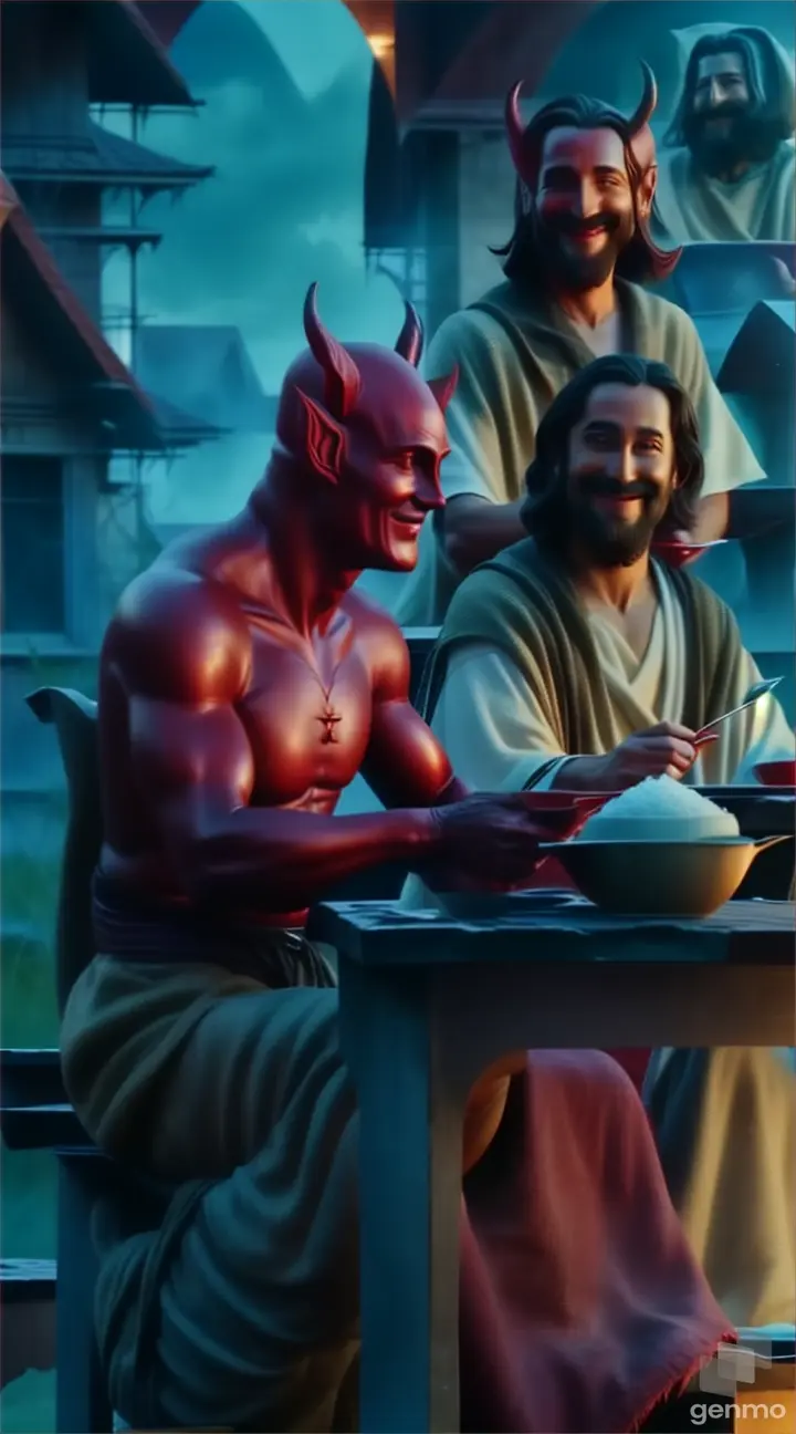 a man sitting at a table next to a demon