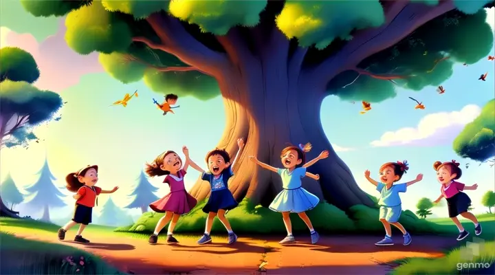 a group of children playing in front of a tree