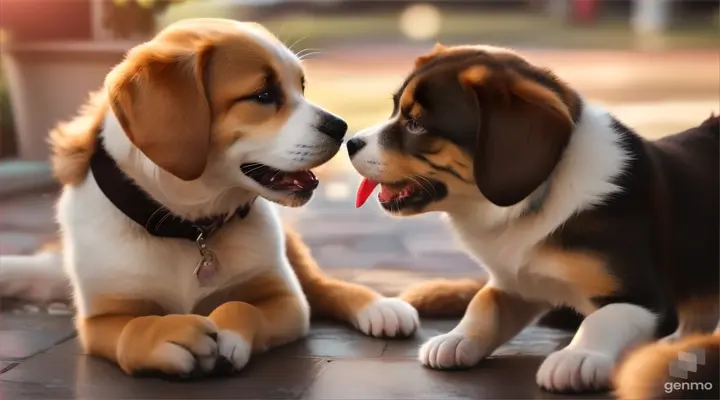 Depict the rescued puppy happily reunited with its grateful parents, wagging its tail and licking cat face in gratitude.
