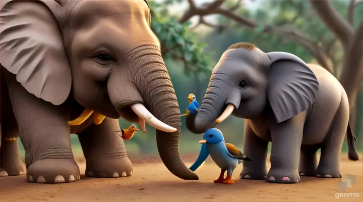 The elephant asks the little bird if it's okay and offers to help.like toy story