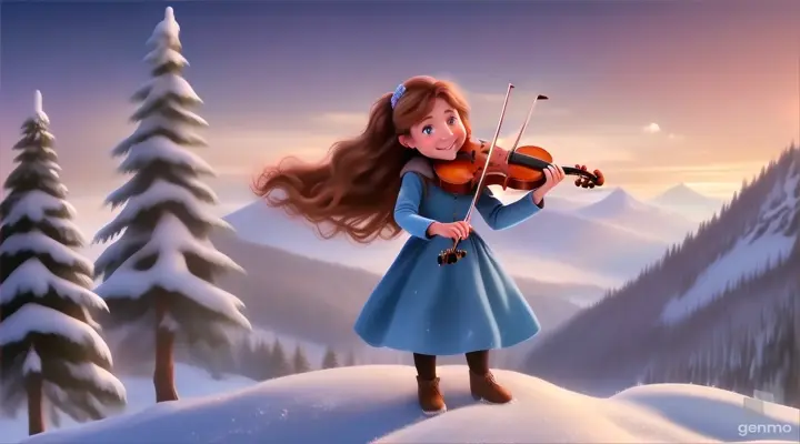 A young beautiful girl with long hair, the girl smiles and plays the violin on a snowy mountain