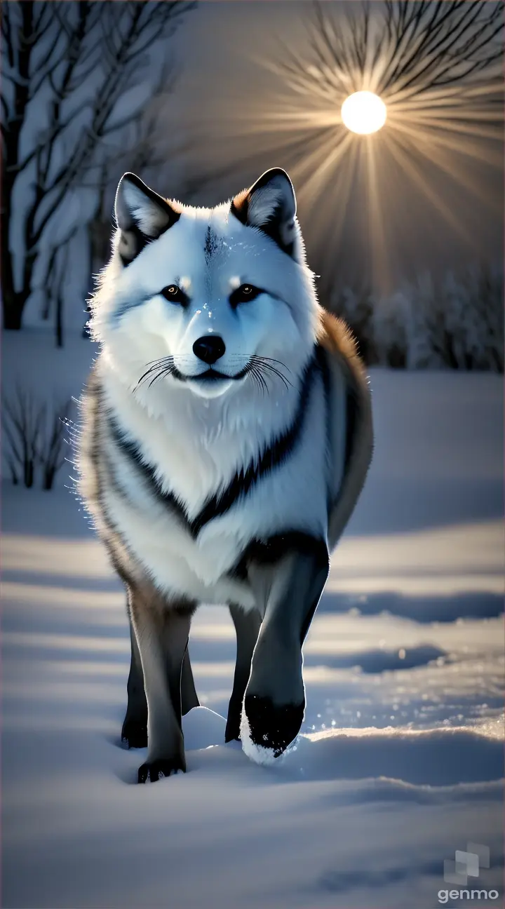 lobo hermoso caminando en el bosque ,nieve ,perfecta 8k , realisitico en la noche con luna llena